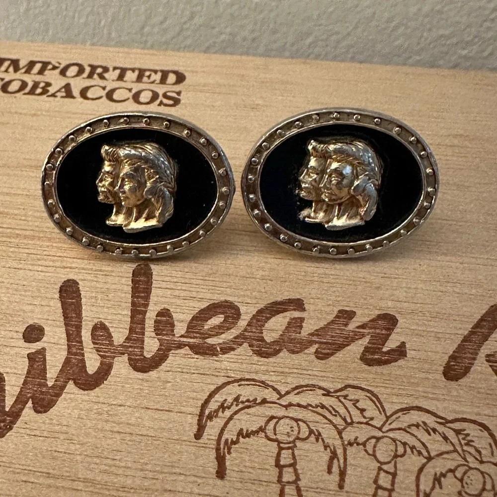 Vintage Cuff Links Gold TONED Black Inlay - Rare